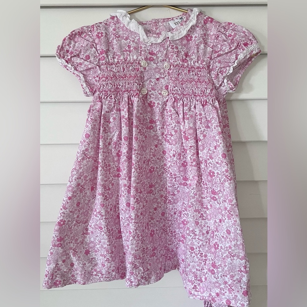 Floral Pink and White Dress with Smocked Details
